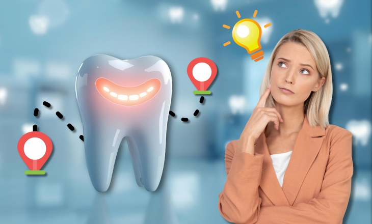 Dentists and Confidence Woman Thinking while a Huge Tooth Next her