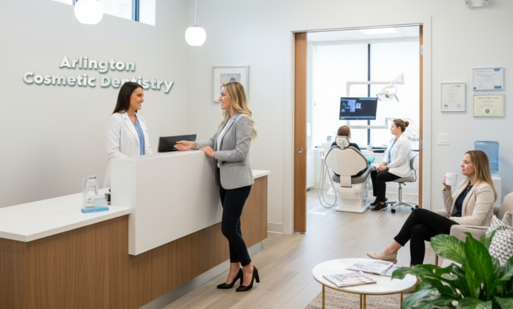 Woman Talking to Secretory in Dental Clinic