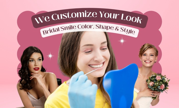 Two Brides Behind a Woman Holding Dental Mirror