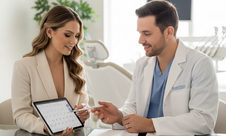 Young Woman Talking to Dentist with Tablet in Hands