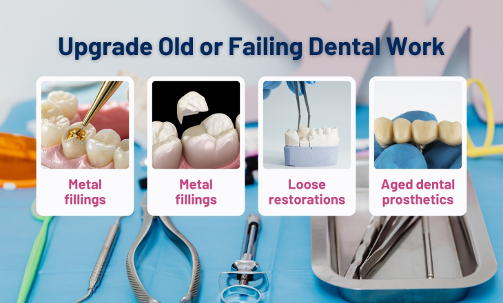 Aged dental prosthetics Dental Instruments as Background Image