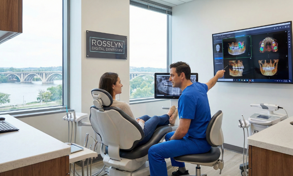 Dentist reviewing digital X-rays on screen with patient