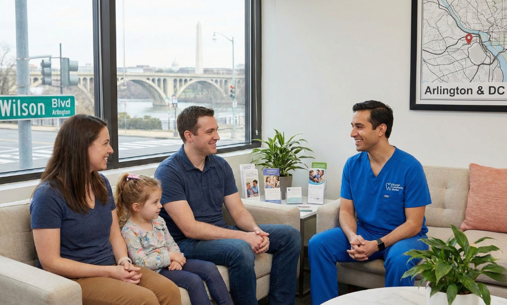 Dentist interacting with patients, Rosslyn, Arlington, D.C.