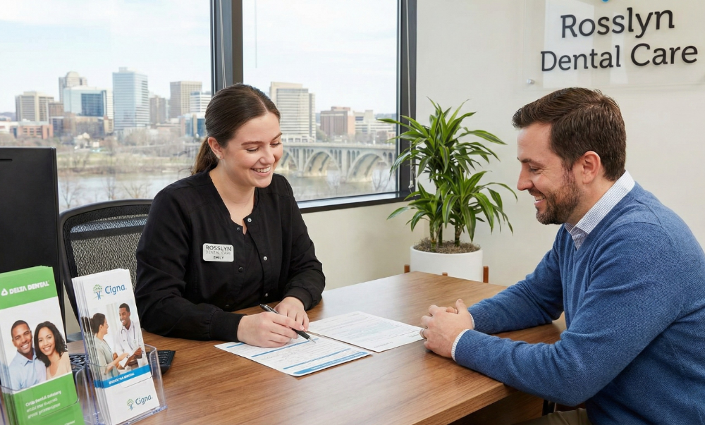 Reviewing dental insurance paperwork with dental coordinator