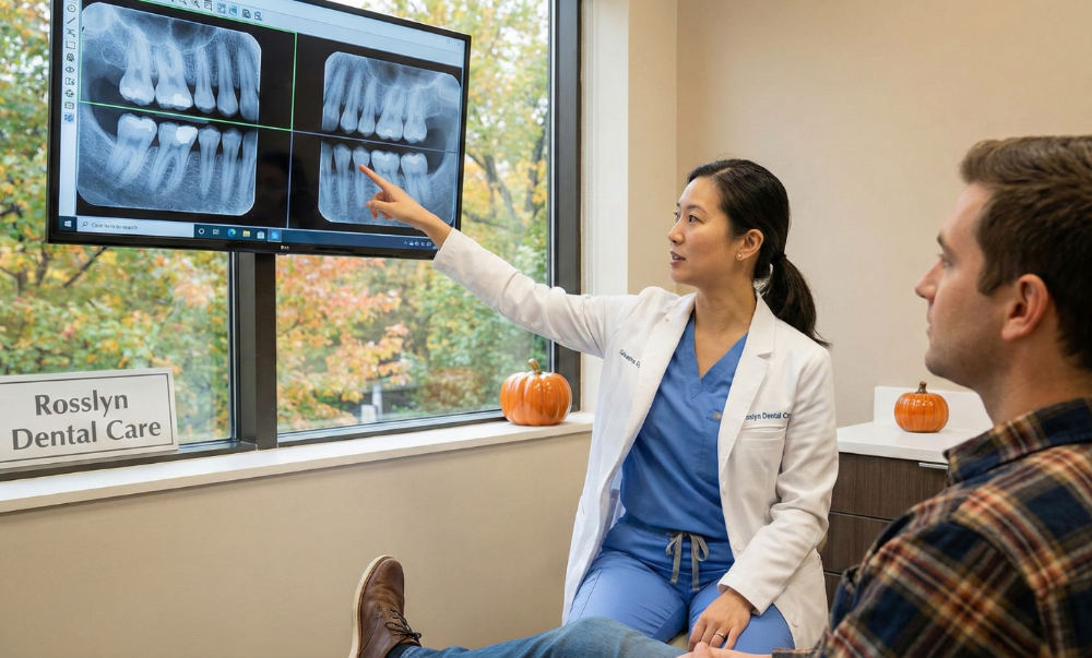 Dentist showing X-rays to a patient in early fall