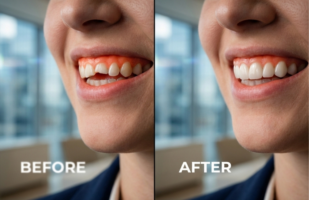 Big Smiles Before and after image of chip tooth close up