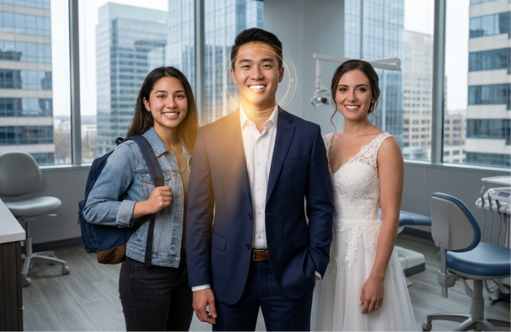 Candidate Three persons in dental clinic smiling at camera