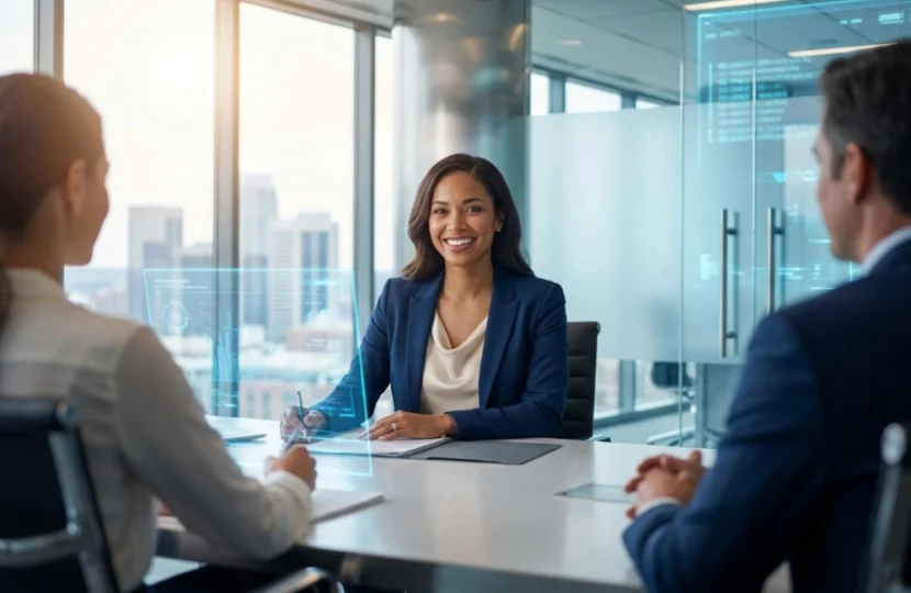 Confident smiling woman in a professional meeting