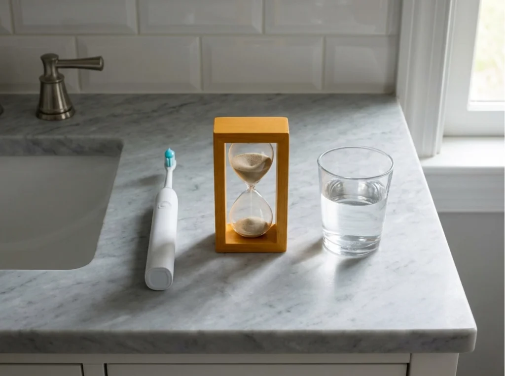 A modern electric toothbrush positioned next to a sand timer and a glass of water.