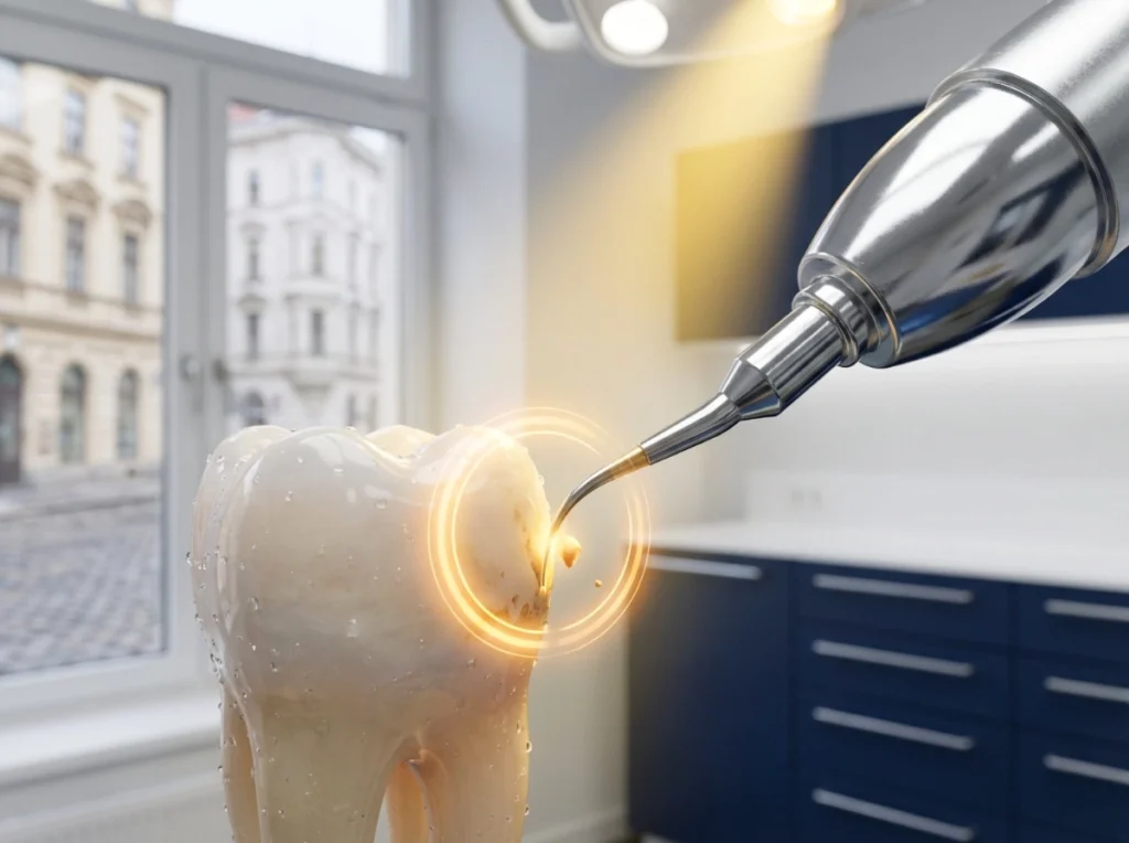 A hyper-realistic close-up of a dental ultrasonic scaler gently removing a small deposit from a molar.