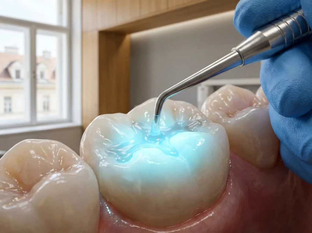 A macro close-up of a human molar receiving a dental sealant.