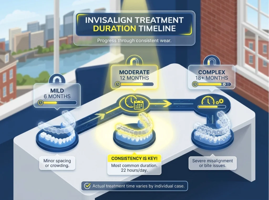 A stylized 3D timeline graphic illustrating three stages of Invisalign duration.