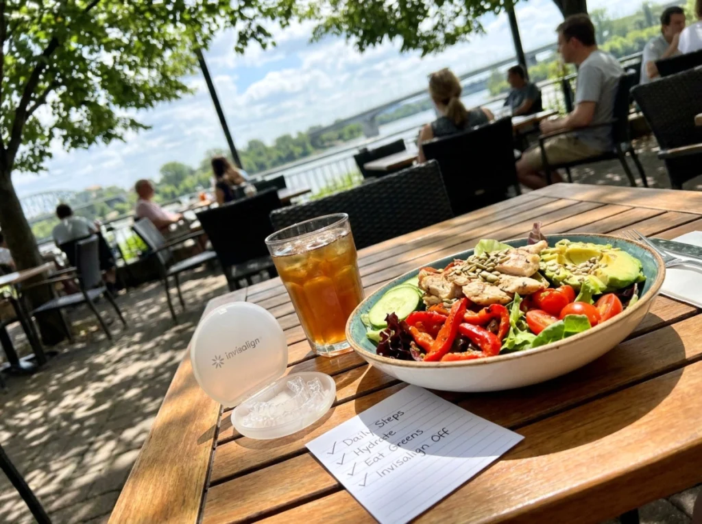 A vibrant healthy meal with a removed Invisalign case sitting on the side of the table.