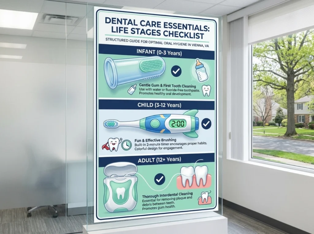 A structured infographic sequence showing dental care essentials for three life stages.