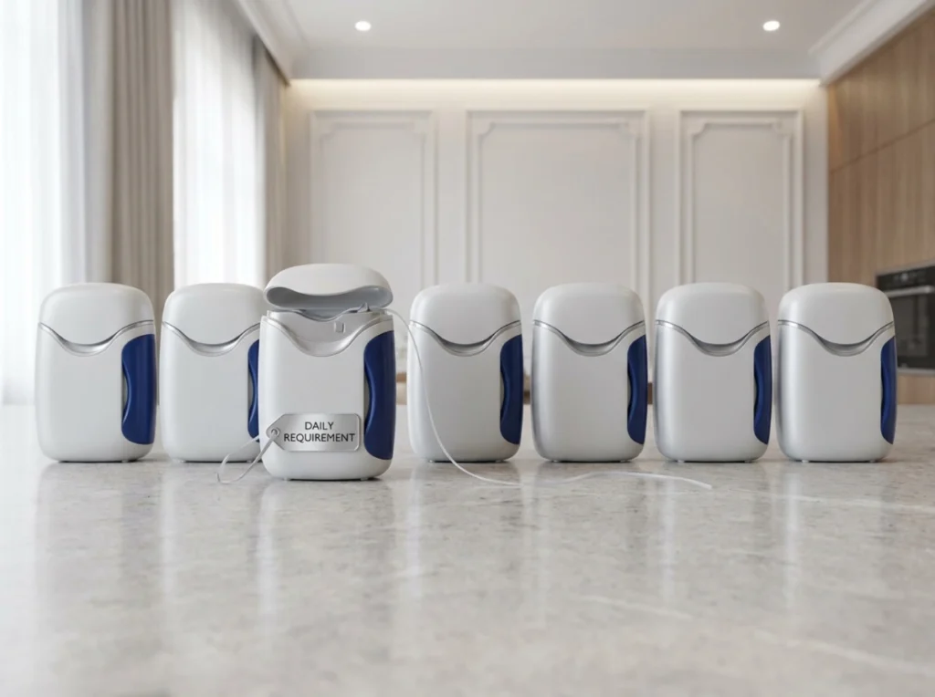 A rhythmic sequence of seven premium dental floss dispensers.