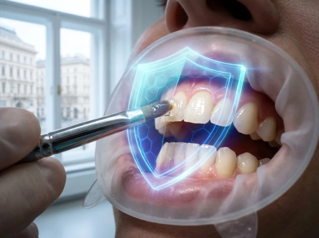 A macro view of a professional fluoride application, highlighting the enamel reinforcement process.