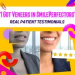 A split-face comparison featuring natural-looking porcelain veneers benfore and after.