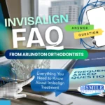 A set of crystal-clear Invisalign aligners with a digital spotlight highlighting Invisalign FAQs brochure beside them.
