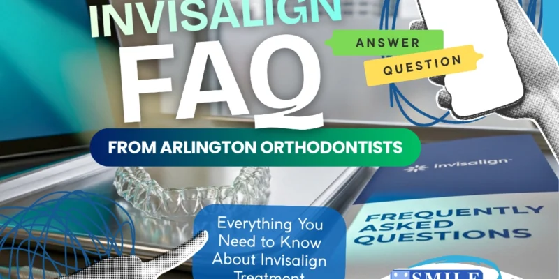 A set of crystal-clear Invisalign aligners with a digital spotlight highlighting Invisalign FAQs brochure beside them.