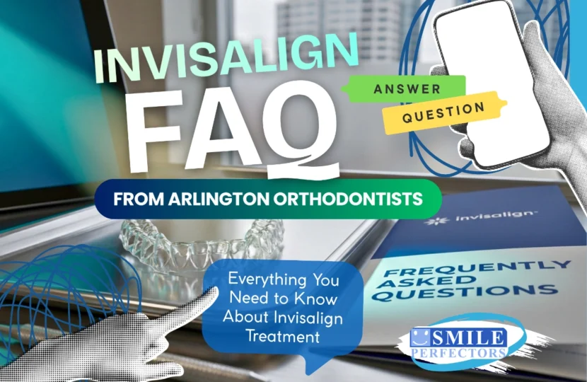 A set of crystal-clear Invisalign aligners with a digital spotlight highlighting Invisalign FAQs brochure beside them.