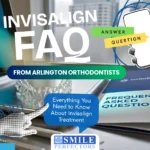 A set of crystal-clear Invisalign aligners with a digital spotlight highlighting Invisalign FAQs brochure beside them.