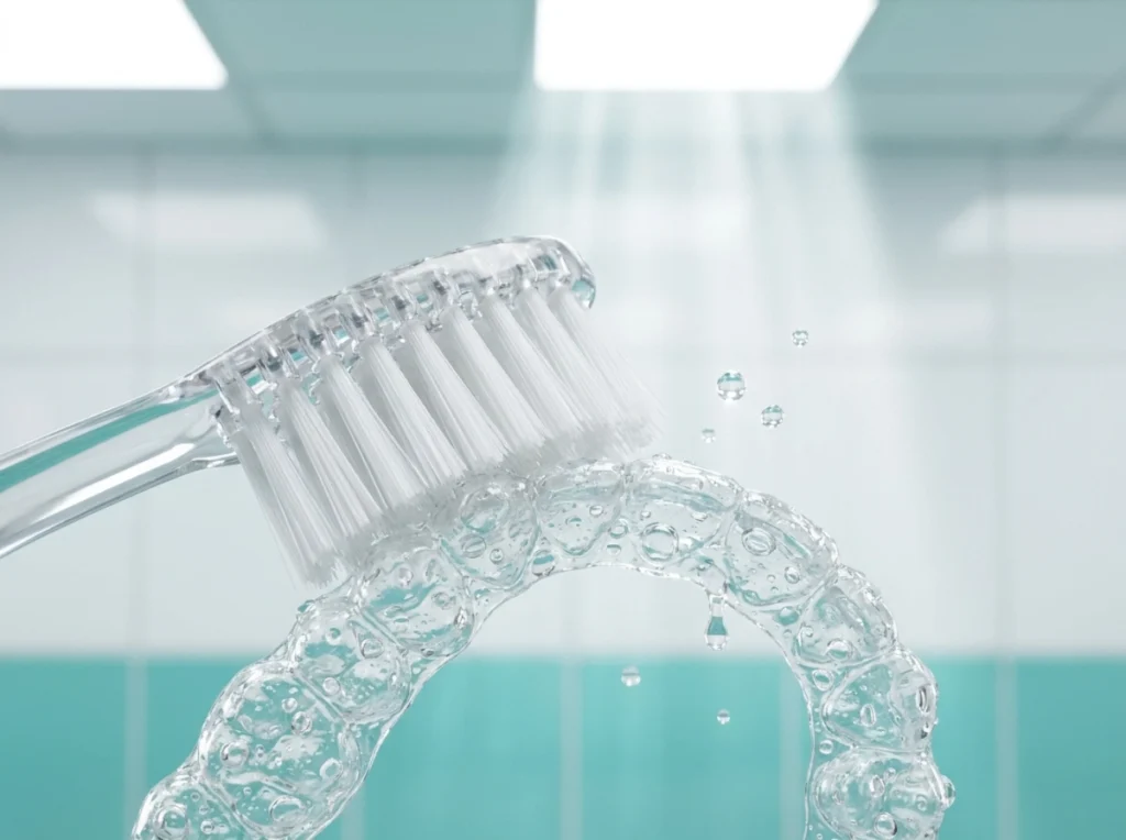 A soft toothbrush cleaning a clear aligner under a gentle stream of water.