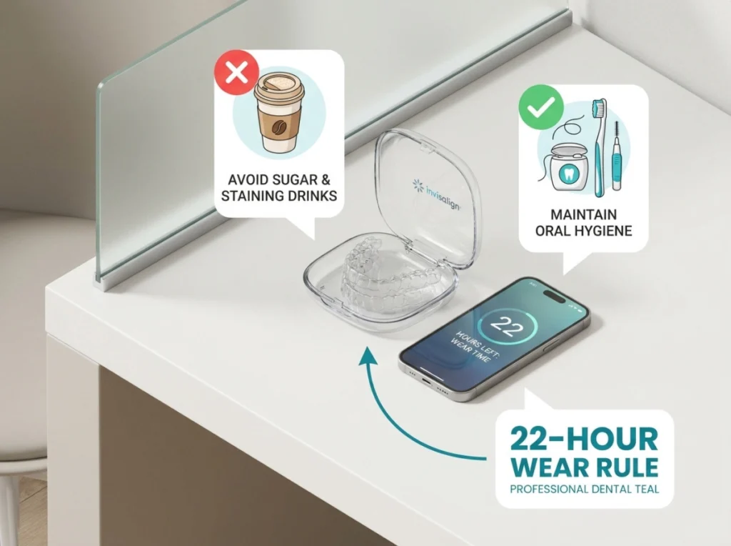 A 3D isometric display showing a clear Invisalign aligner case with icons featuring common mistakes.