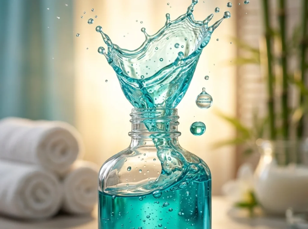 A dynamic splash of translucent teal mouthwash