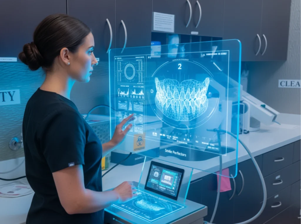 xA dental professional at Smile Perfectors analyzing a 3D digital scan of a patient's teeth on a monitor