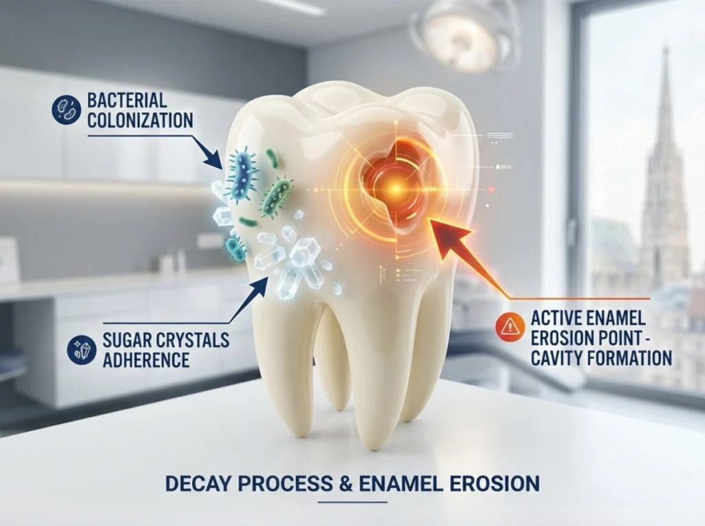 A stylized 3D anatomical model of a human molar illustrating the decay process.