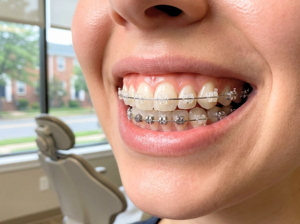 Braces A detailed close-up of a young adult's smile featuring modern orthodontic braces