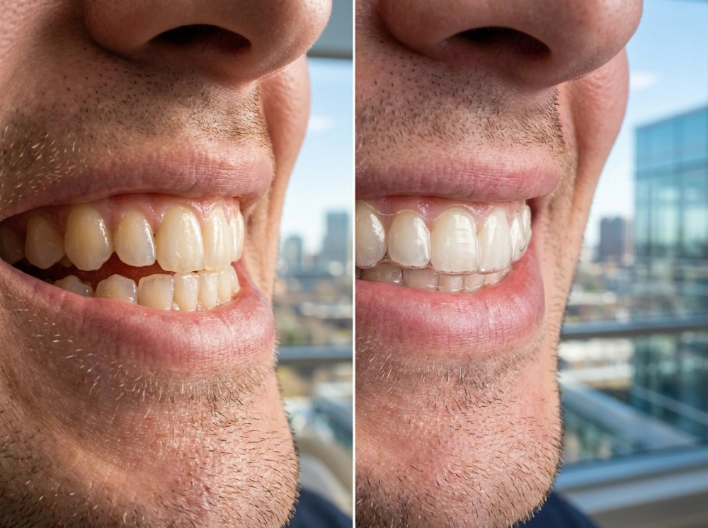 Professional man in his mid-30s with a radiant smile featuring a subtle Invisalign clear aligner