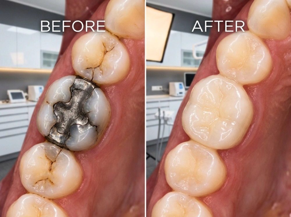 A vertical split-screen comparison featuring a tooth restored with a modern, anatomical ceramic crown