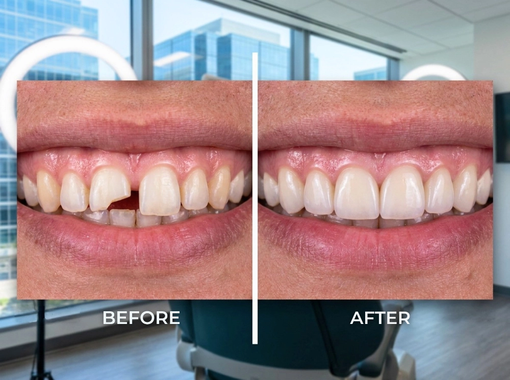A side-by-side comparison of a human smile with seamless cosmetic dental bonding