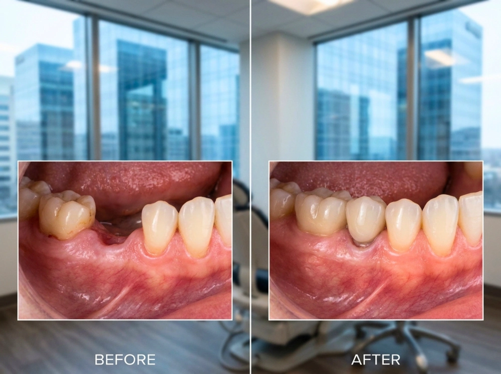 A completed dental implant featuring a realistic porcelain crown