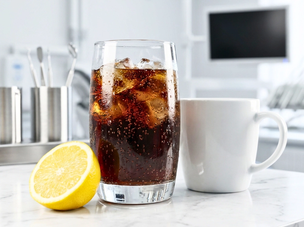 Dietary Habits A glass filled with dark carbonated soda, a coffee mug, and a fresh lemon slice illustrating acidic dietary habits