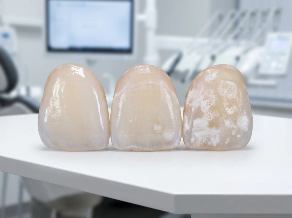 Enamel Demineralization A three-stage visual progression of tooth enamel demineralization