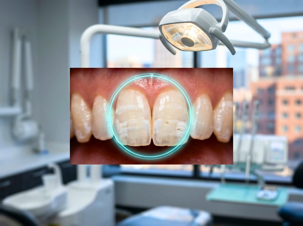 Enamel Hypoplasia Extreme macro photography of upper incisors showing Enamel Hypoplasia