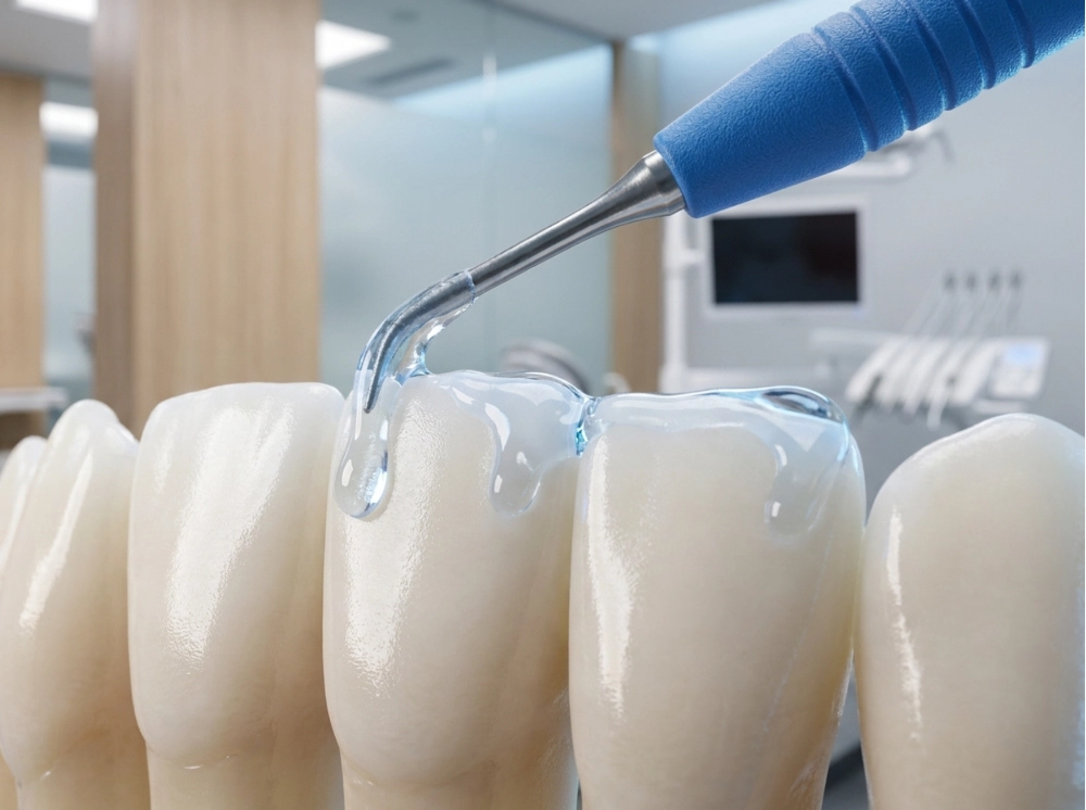 Fluoride Therapy Applying a viscous, translucent fluoride varnish onto a set of perfect human teeth