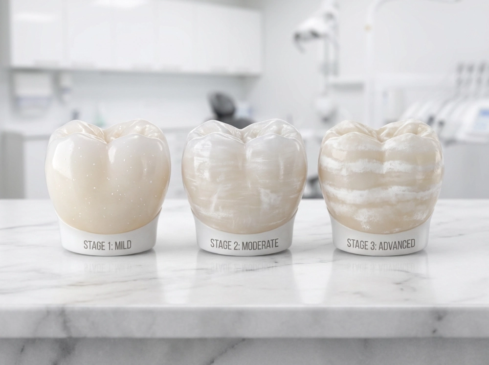 Fluorosis Three high-fidelity dental crown models demonstrating increasing stages of fluorosis