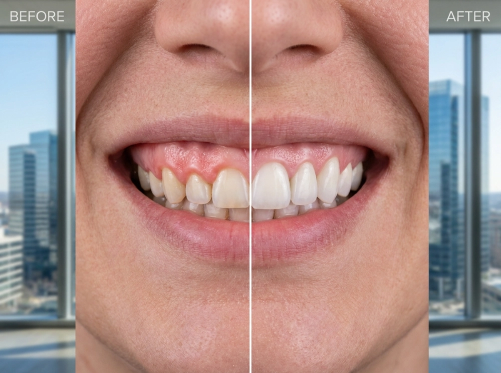 A vertical split-screen comparison: 'Before' and 'After' of a surgically sculpted, symmetrical gum line