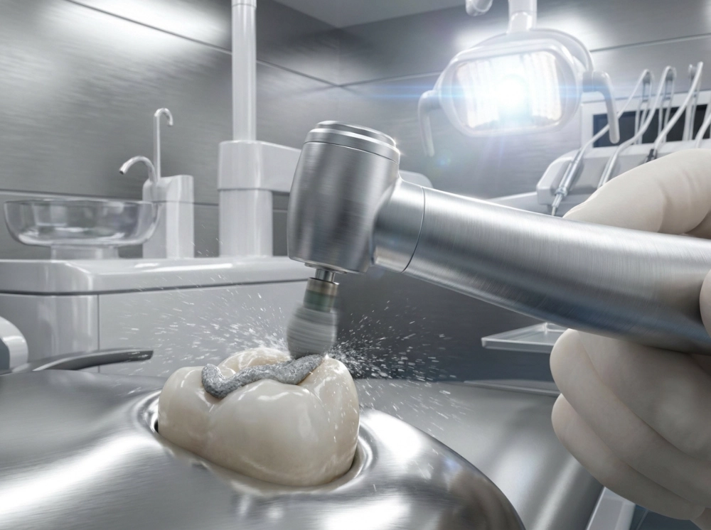 Microabrasion A specialized polishing tool touching a tooth surface