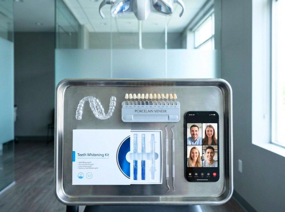 Dental tools, a teeth whitening kit, and a smartphone video call on a tray