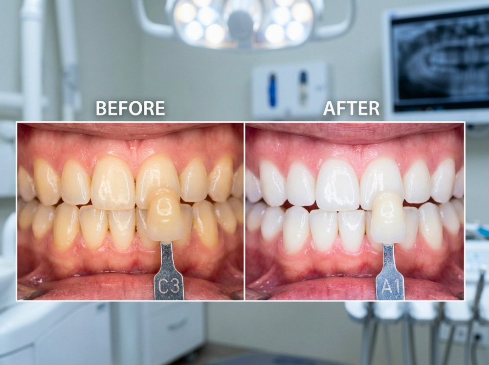 A vertical split-screen comparison of a mid-thirties smile transformed with high-quality porcelain veneers
