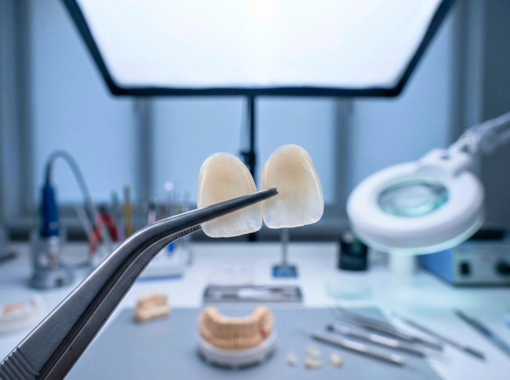 Porcelain Veneers Two ultra-thin, translucent porcelain veneers held by tweezers