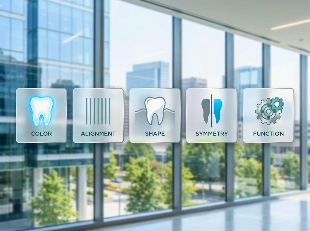 A visual checklist of five stylized icons representing the pillars of a smile upgrade