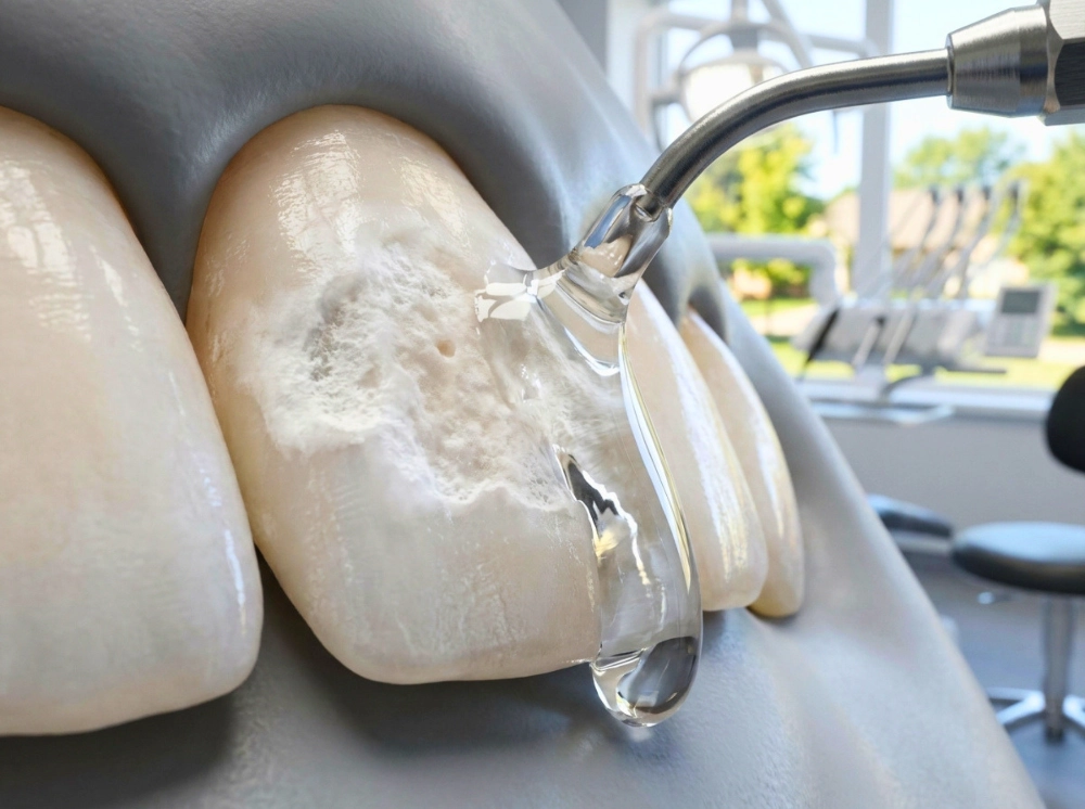 Resin Infiltration A hyper-realistic 3D illustration of the ICON resin infiltration process on a human incisor tooth