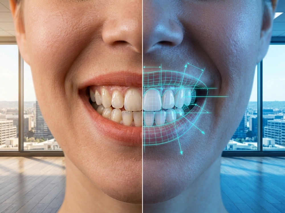 A photorealistic AI-generated digital mockup featuring perfectly aligned, bright teeth with geometric measurement vectors