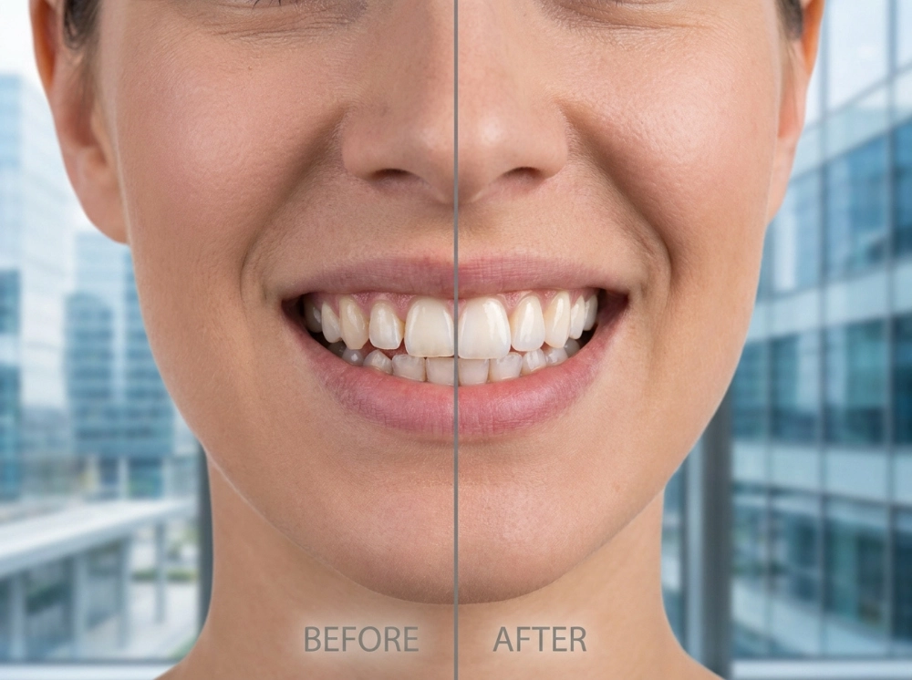 A vertical split-screen comparison of a professional woman's smile makeover