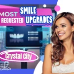 A sophisticated digital display showing 3D porcelain veneer models and whitening gradients